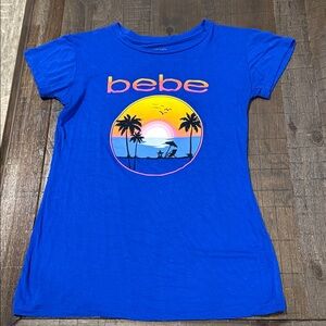 Bebe Blue Fitted T-Shirt Colorful Logo Short Sleeve Top S